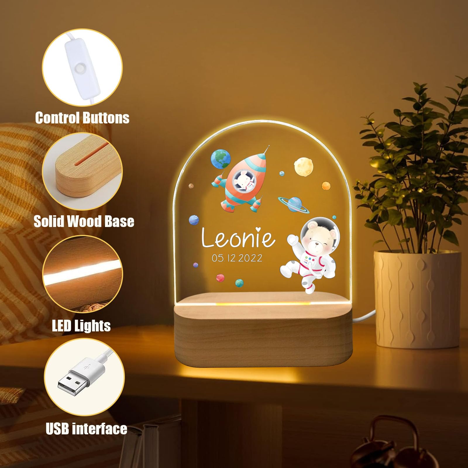 Luz Nocturna Personalizada Con Nombre Y Fecha De Nacimiento
