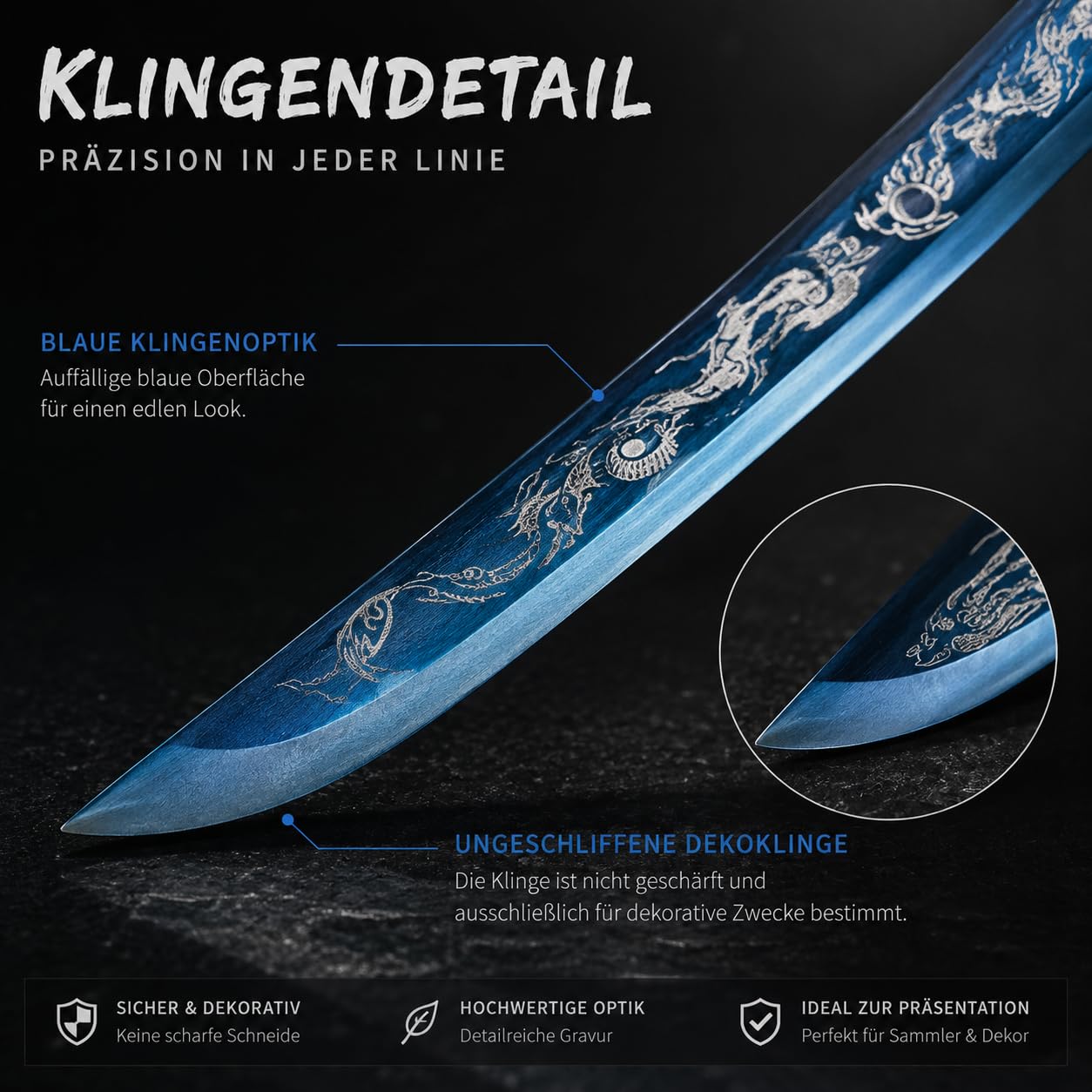 Dekoratives Samurai-Schwert Katana mit Blauer Klinge & Drachengravur, 104cm Japanisches Schwert aus Edelstahl mit ABS-Scheide, Ideal für Wanddekoration, Sammlungen und Geschenke
