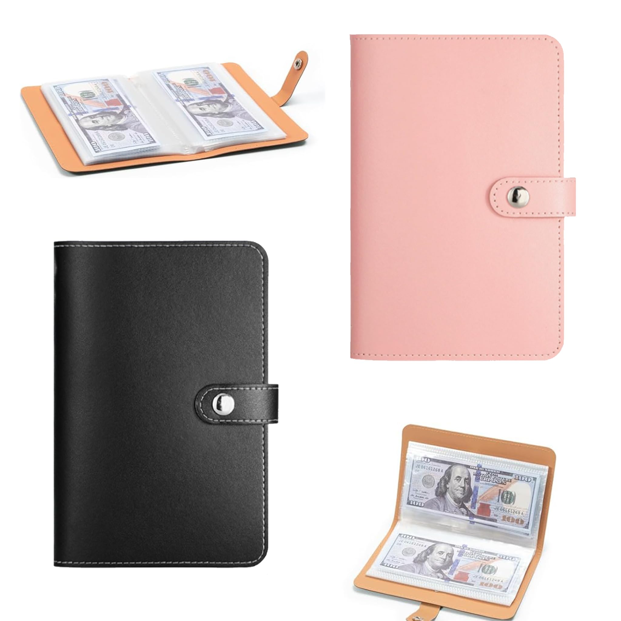 Durdiiy 2 Pack A6 Money Saving Wallet, 100 Envelopes Savings Challenge Budget Binder with Savings Notebook, Cash Budget Money Saving Book for Couples,Offices and Home(Black and Pink)