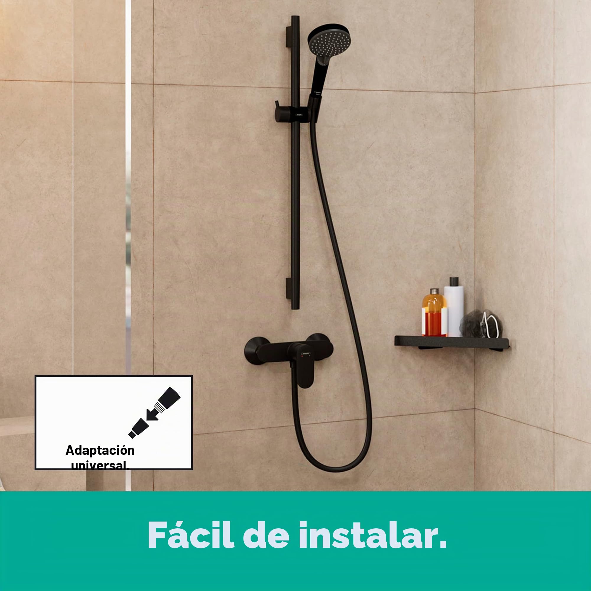 hansgrohe Vernis Blend - set de ducha, ducha de mano con barra de ducha 65cm, flexo de ducha 160cm, soporte de ducha, alcachofa de ducha con 2 tipos de chorro, negro mate, 26422670