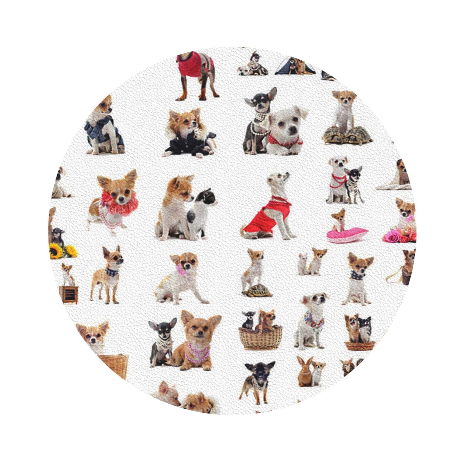 Cute Chihuahua Pug Pattern PU Leather Coasters Set of 6 Round Drink Coasters