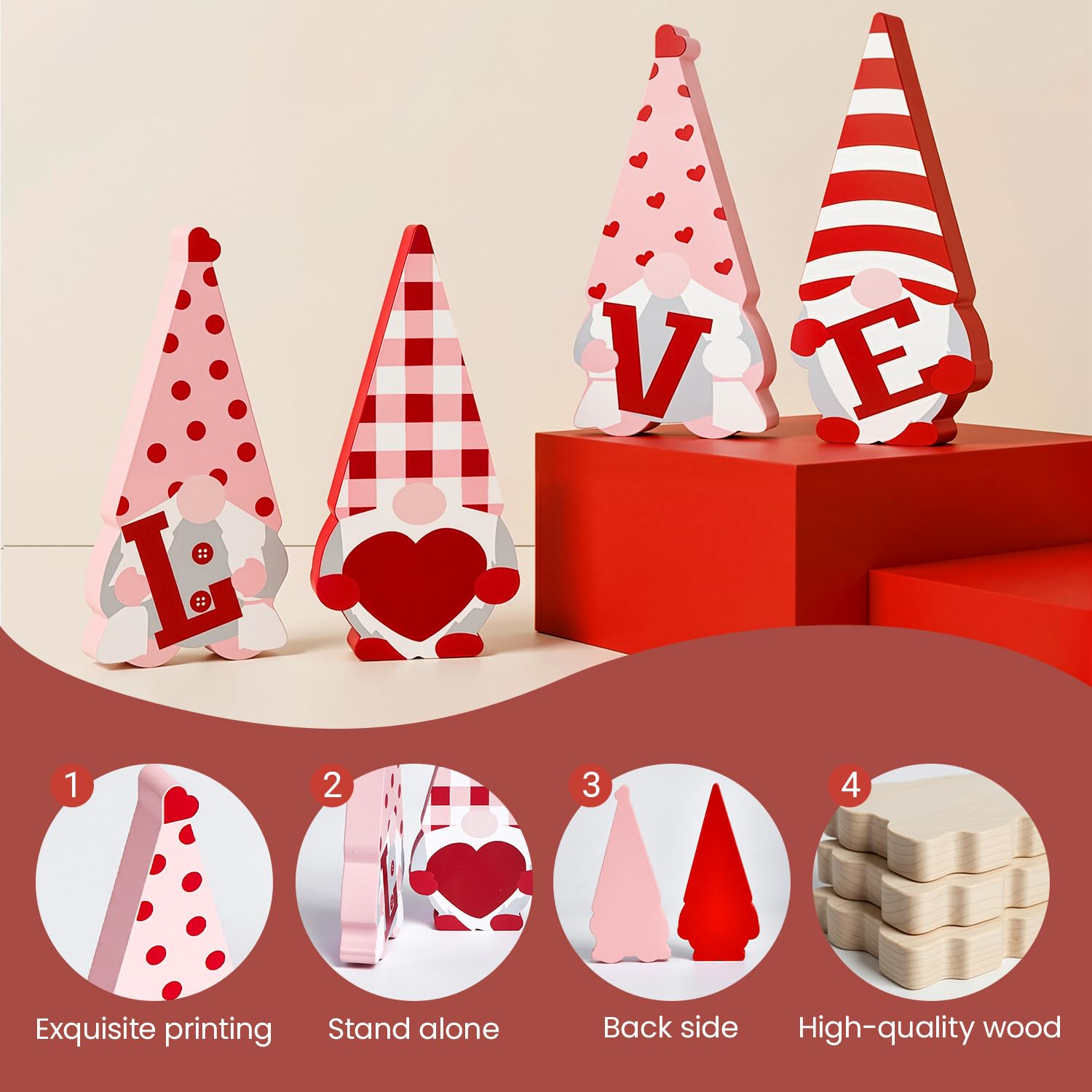 Decoraciones para el día de San Valentín – 4 letreros de gnomo de madera, decoración de bandeja escalonada de madera roja y rosa, bonita decoración del día de San Valentín para el hogar,