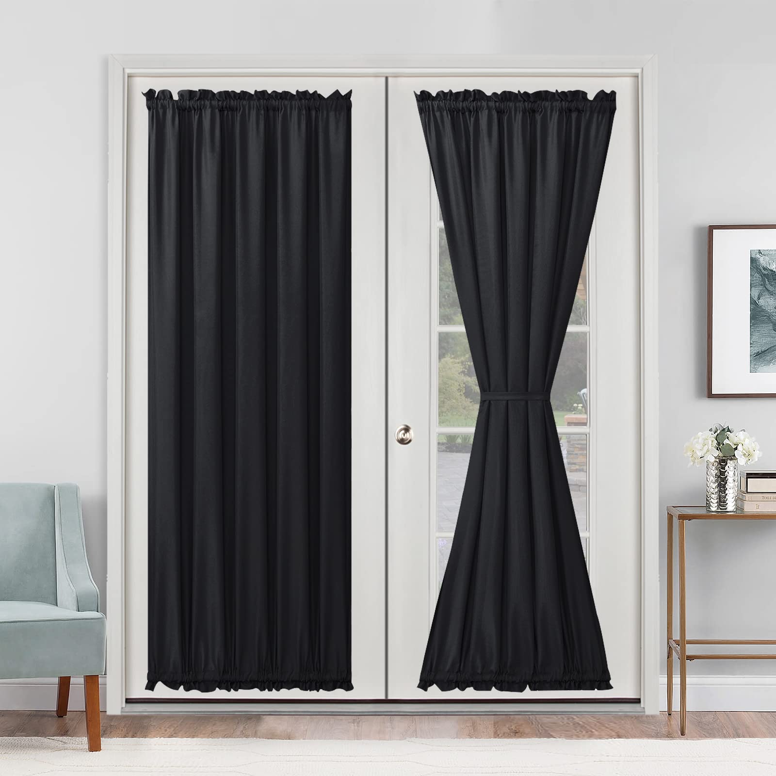 Hiasan French Door Curtains for Small Window, Rod Pocket Short Front Sidelight Curtain, 1 Panel (Black, W 52 inch x L 72 inch)