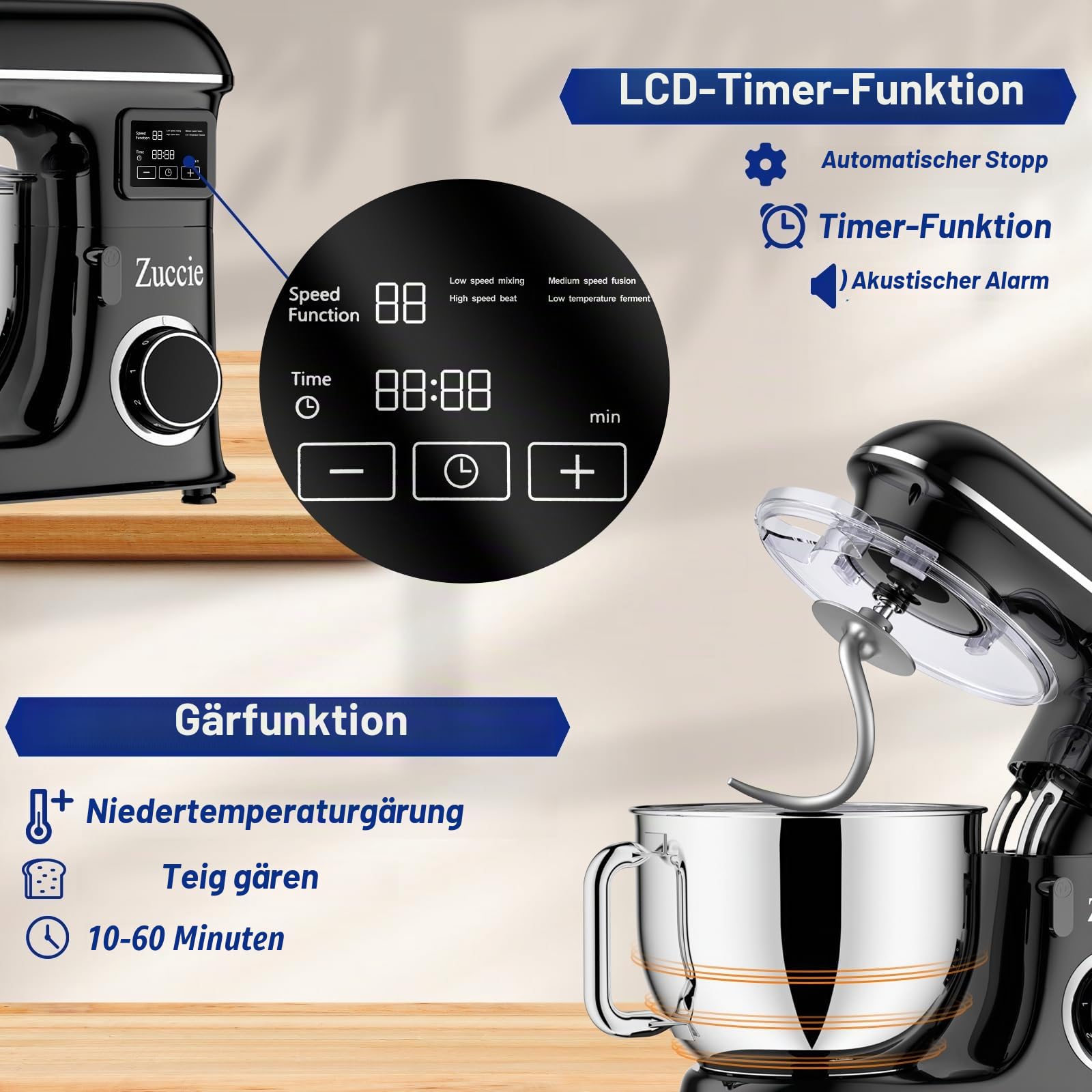 küchenmaschine 1500W 8L Knetmaschine 6 Geschwindigkeit Fermentationsfunktion+LCD knetmaschine mit Rührbesen, Knethaken, Schlagbesen