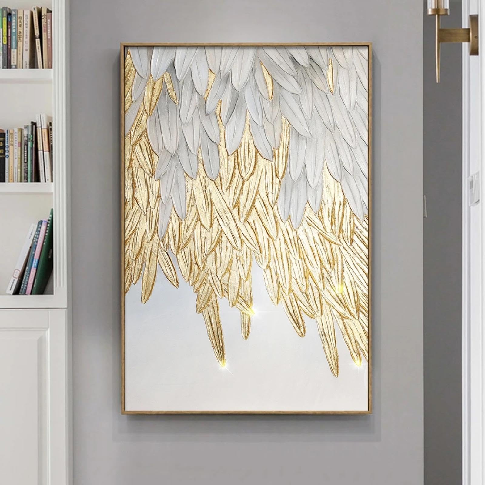 BMGKYAGL White Gold Feather Leaf Painting Large Luxury Wall Art Canvas Poster Print Abstract Picture for Living Room Home Decor 30x45cm Frameless