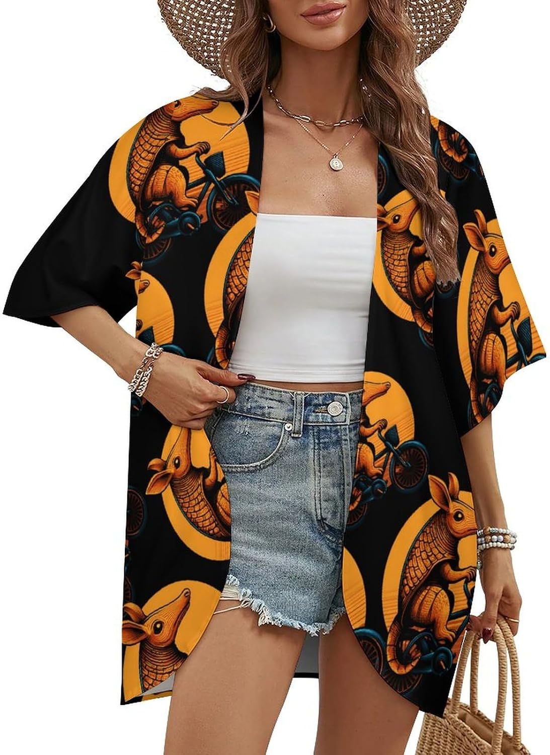 Armadillo ON A Bicycle Women's Open Front Cardigan Short Sleeves Jacket Lightweight Sweaters Tops