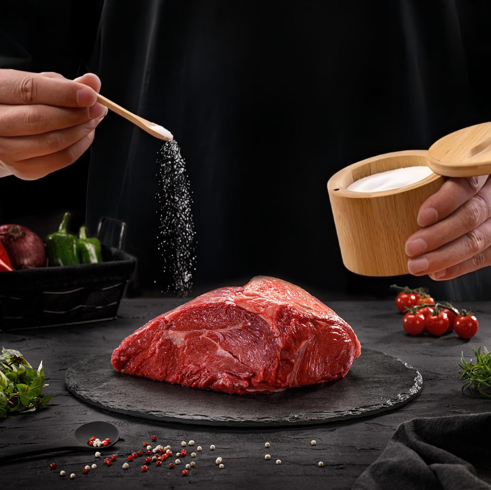 2 saleros con tapa y cuchara, recipiente de sal de madera para cocina, olla magnética pequeña, barril de sal, salero de bambú con etiqueta adhesiva, almacenamiento de sal y azúcar