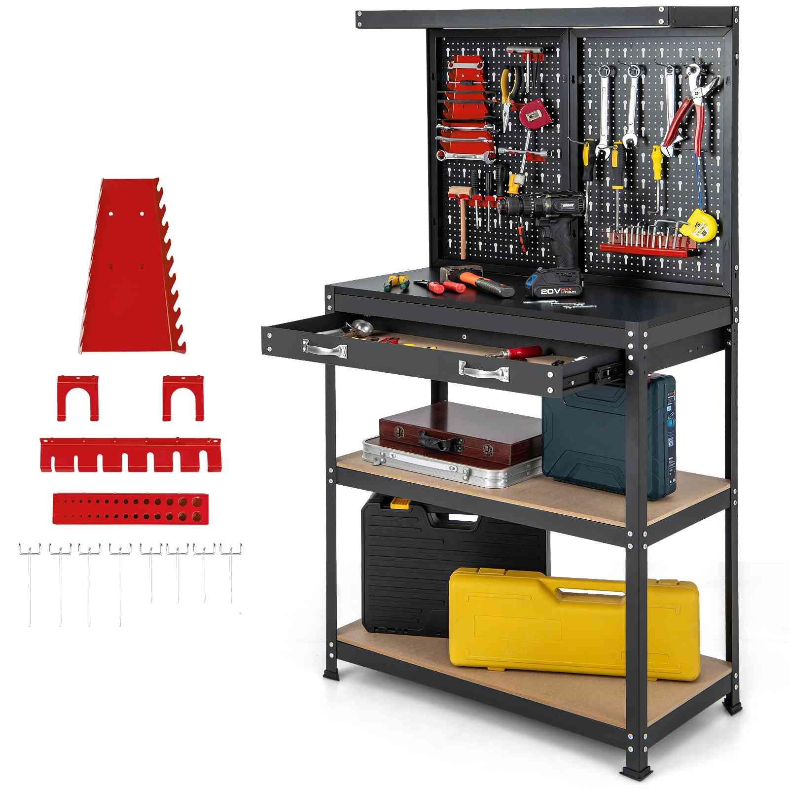TANGZON Workbench with Pegboard, Metal Work Bench with Shelves, Topping Space, Hanging Accessories, Heavy Duty Work Table Tool Storage Bench for Workshop Warehouse (Black+Red, 81x41x156cm)