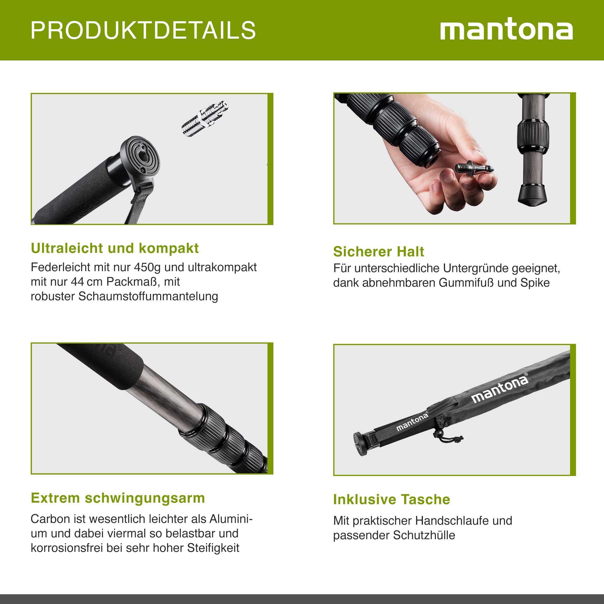 mantona Pro One Einbeinstativ aus ultraleichtem Carbon schwarz, Stativ höhenverstellbar von 44 cm bis 165 cm, praktische Schaumstoffummantelung & Handschlaufe, kompakt & belastbar mit Zubehör