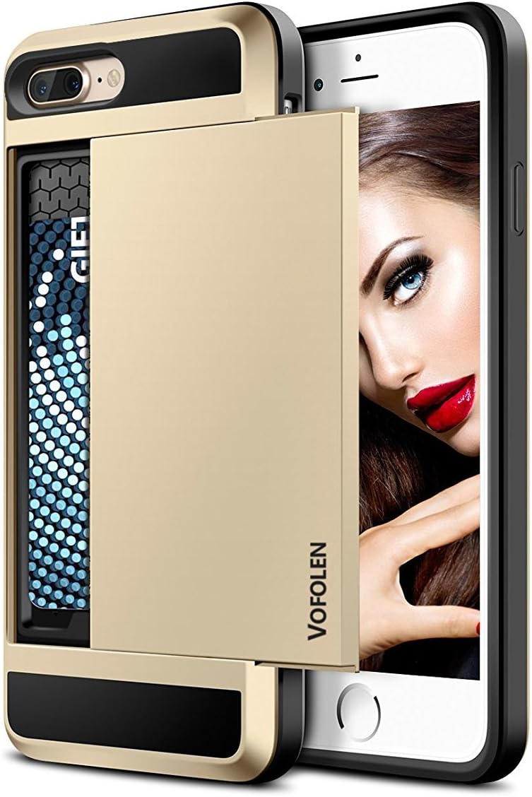 Vofolen Case for iPhone 7 Plus Case Wallet Card Holder Sliding Cover ID Slot Hidden Pocket Dual Layer Protective Hard Shell Soft TPU Rugged Bumper Armor Tough casing for iPhone 7 Plus Gold