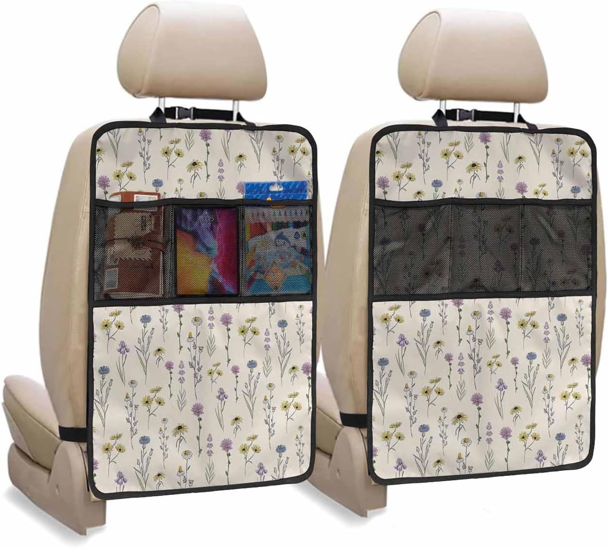 Car Seat Protector, 2 Pack Kick Mats with Organizer - 3 Pocket Storage, Watercolor Plant Sunflower Plants Flower Printing Back Seat Cover for Kids Universal Fit Automotive Interior Protectors