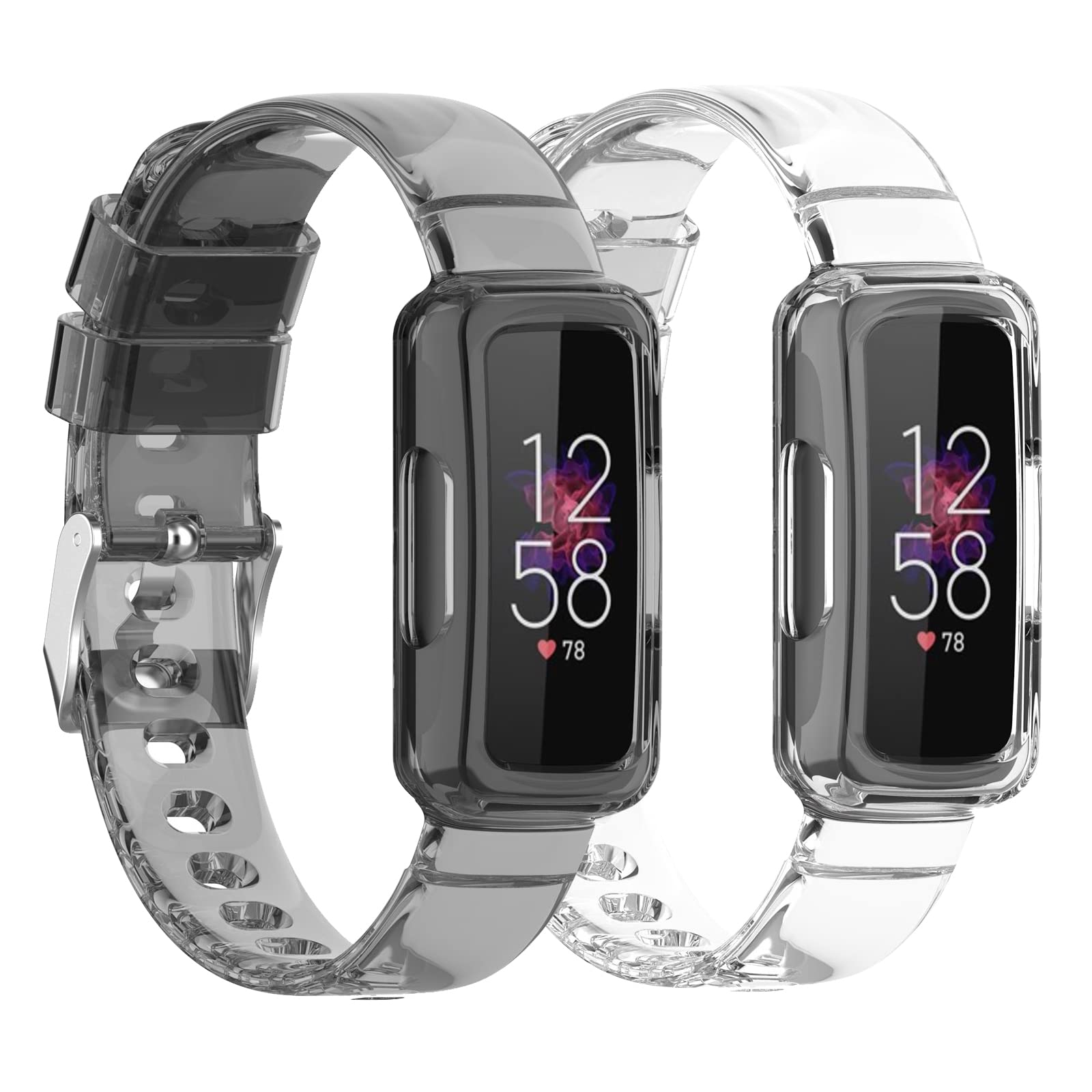 NINKI 2 PCS Bands Compatible Fitbit Inspire 3 Bands with Case,Uni-Body Sports Silicone TPU Replacement Wristbands Inspire 3 Case Band for Fitbit Inspire 3 Bands Accessories Women Men (Black + Clear)