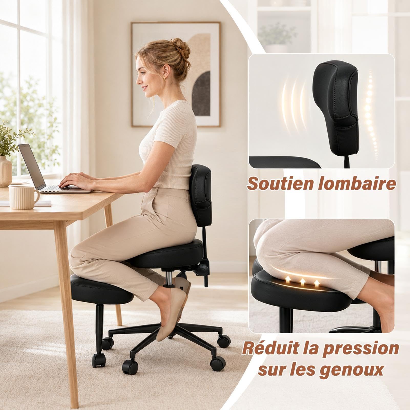 Chaise De Méditation, Chaise De Bureau TDAH À Jambes Croisées Avec Roulettes, Siège Réglable En Hauteur Et En Angle Avec Support Lombaire Pour Les Employés De Bureau Sédentaires,adultes Fidget Et Yoga