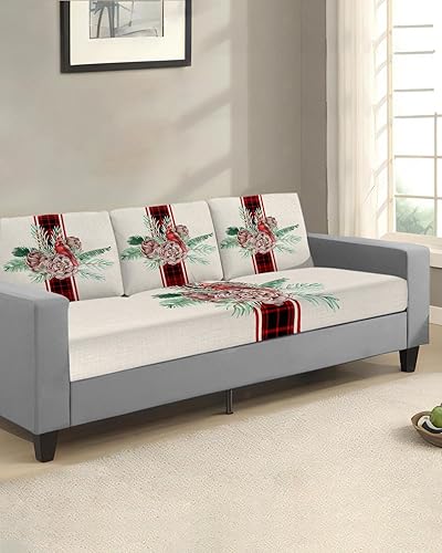 Miniatura 9 de Pink Christmas Santa Couch Cushion Covers, Stretch Sofa Cover with Elastic Bottom, Pink Plaid Winter Snowflake Xmas Sofa Slipcovers Protector