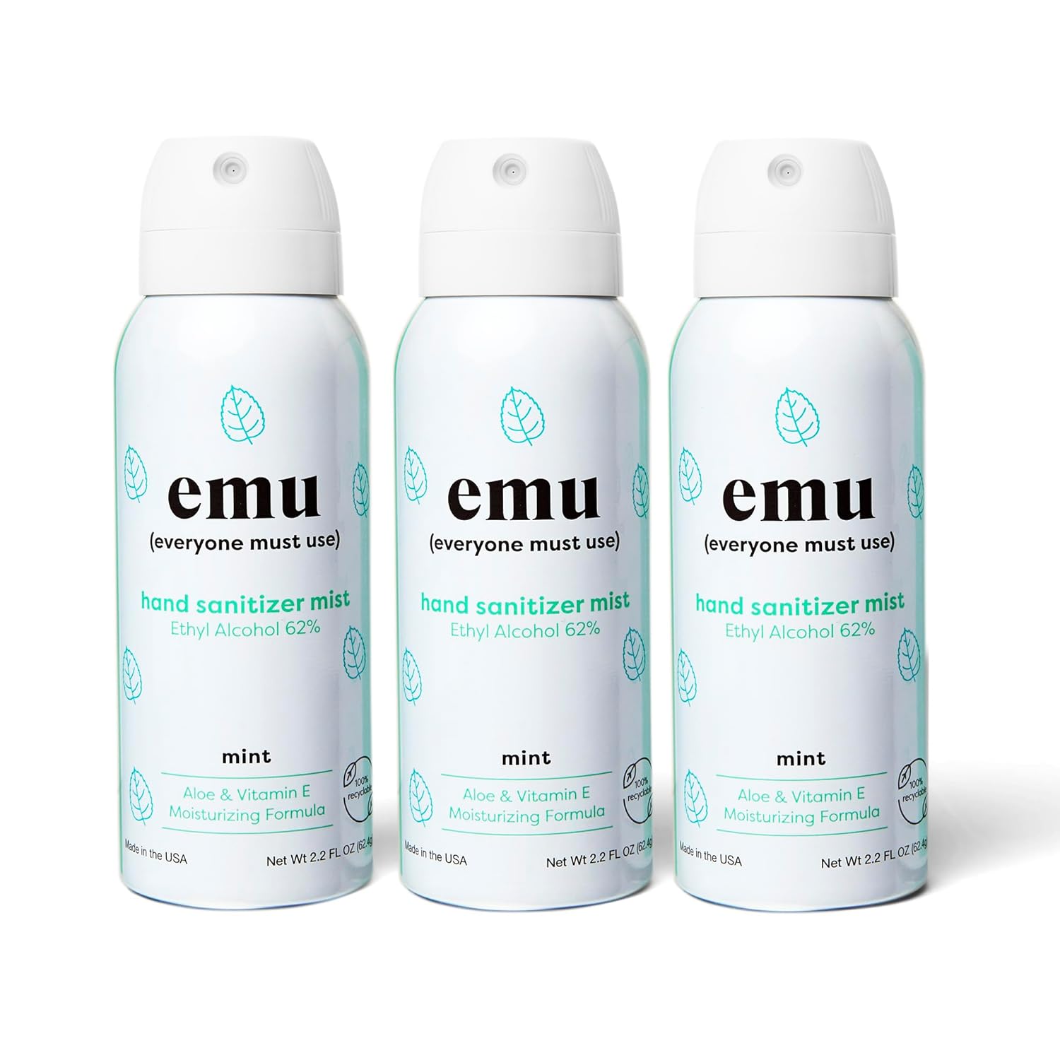 EMU (EVERYONE MUST USE) Hand Sanitizer pocket spray, Travel size 2.2oz. Cleanses Your Hands, Hydrating. Hand soap bulk. 24-hour disinfectant sanitizing. Made in USA (Pack3_Mint)