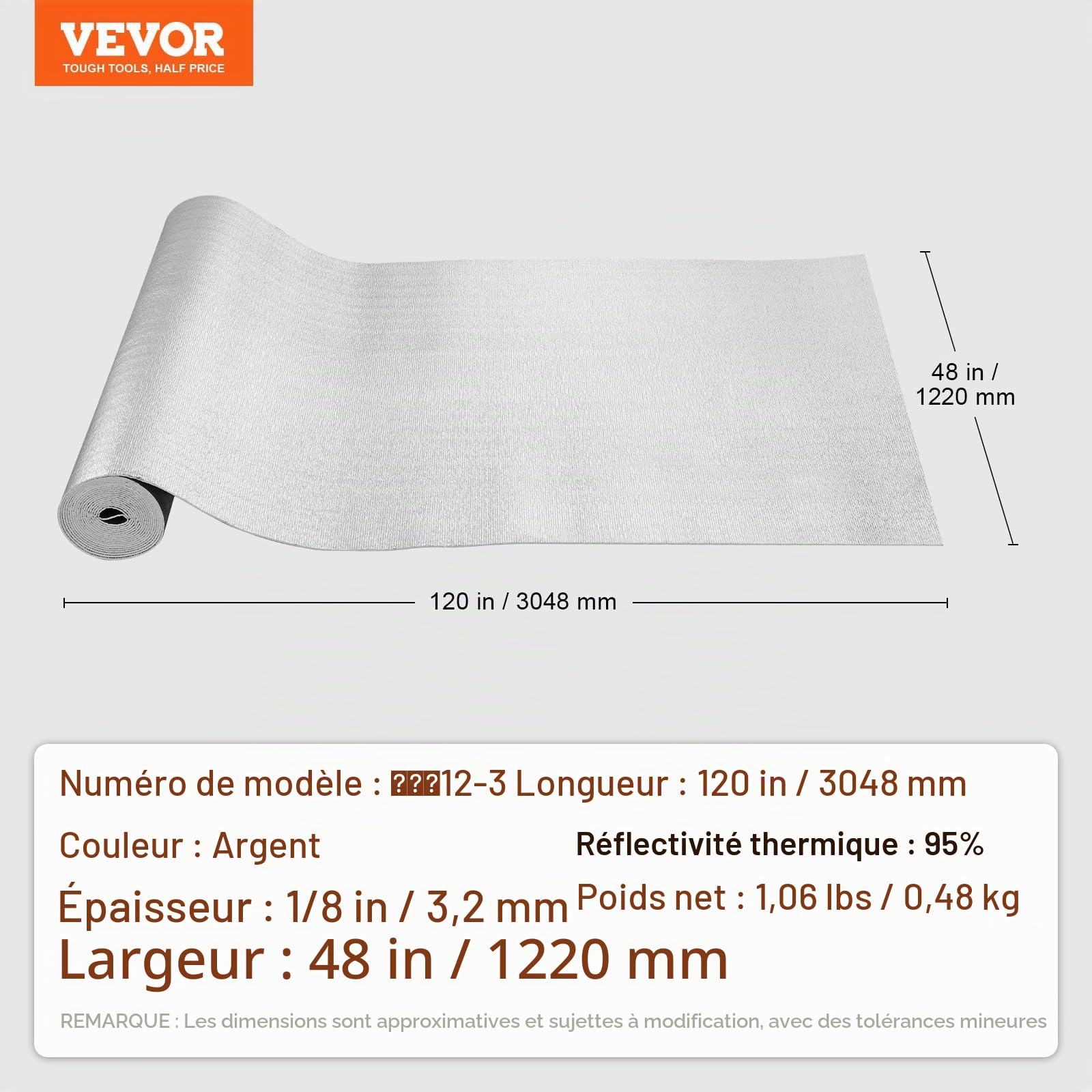 VEVOR Isolant thermique double réfléchissant, 3 x 1,22 m, rouleau d'isolation barrière radiante, noyau en mousse EPE, 3,2 mm, feuille d'aluminium double face, pour fenêtre, toit de camping-car, maison