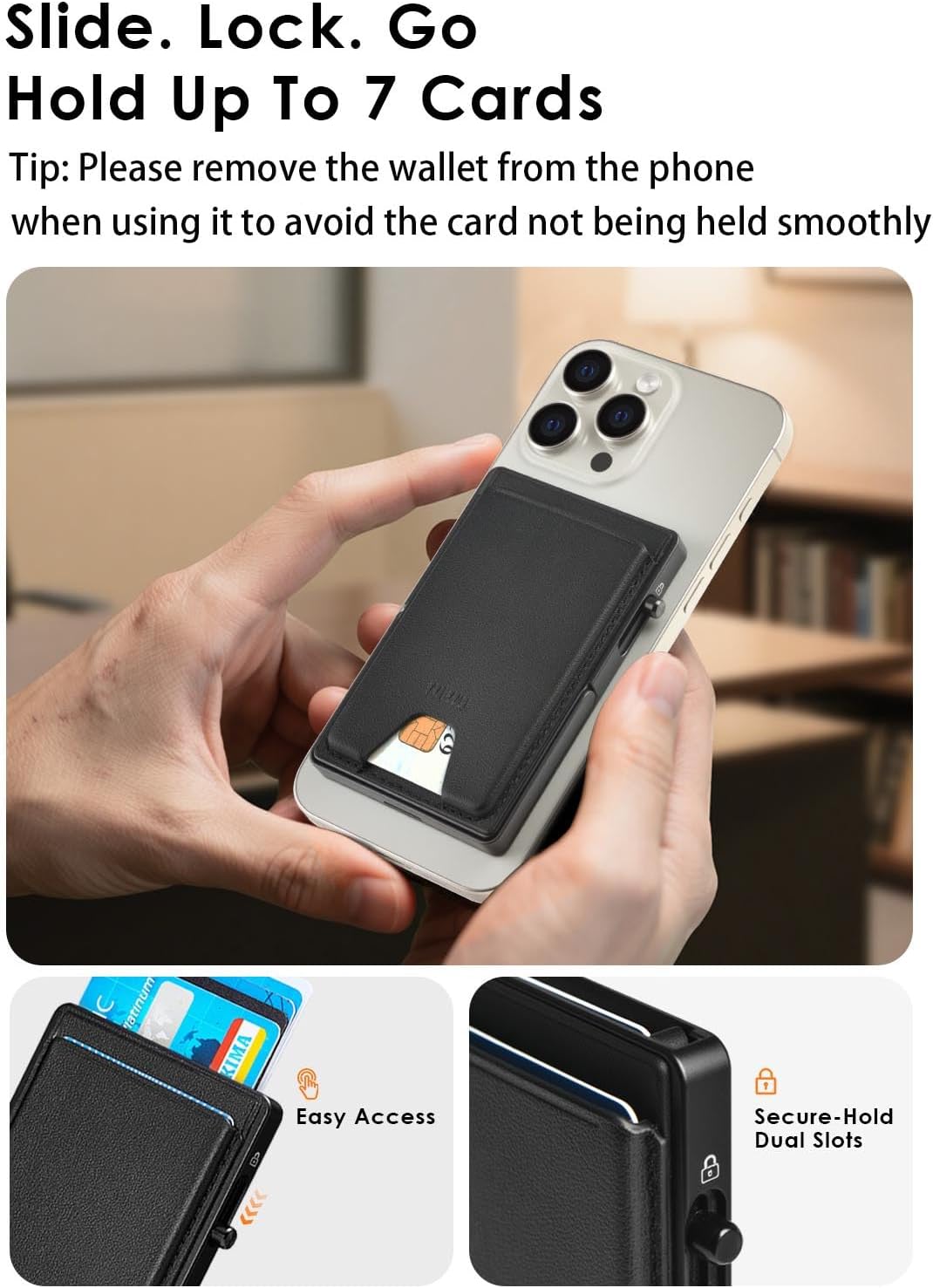 WIWU for Magsafe Wallet 7 Card Holder with Adjustable Stand RFID Blocking Strong Magnetic Ultra Slim Metal Travel Leather Wallet for iPhone 16/15/14/13/12 Series Android (Black) - Image 2