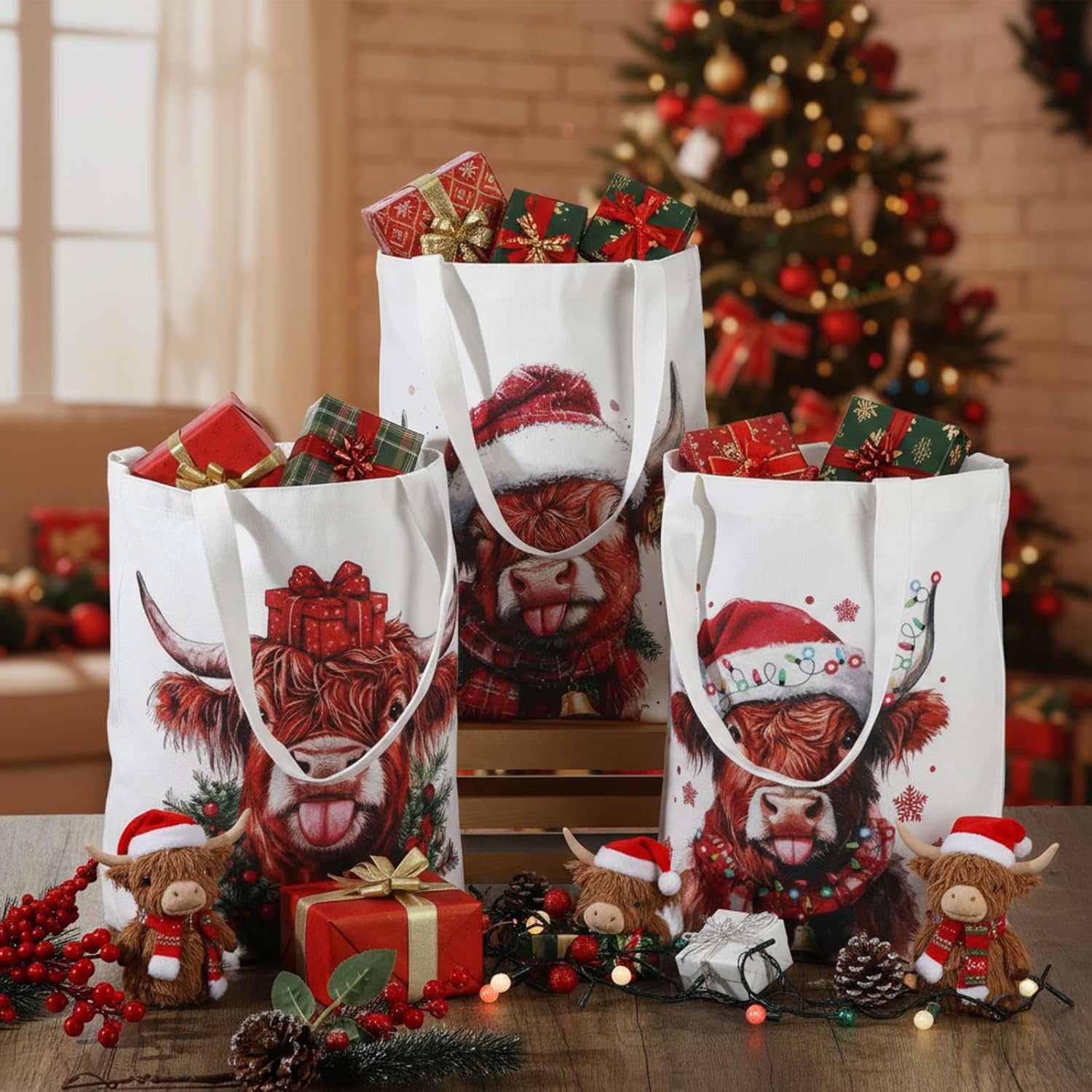 Sadnyy 12 Pack Christmas Canvas Tote Bags Xmas Reusable Gift Grocery Shopping Bag with Handle for Women Party Favor Supplies(Highland Cattle Style) - Image 3