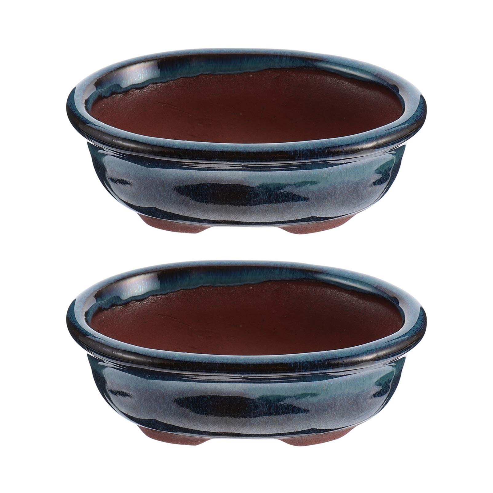 Happyyami 2Pcs Blue Ceramic Glazed Planter Flower Pot for Succulent Plants - Chinese Style Decorative Miniature Pot 10X6 5Cm