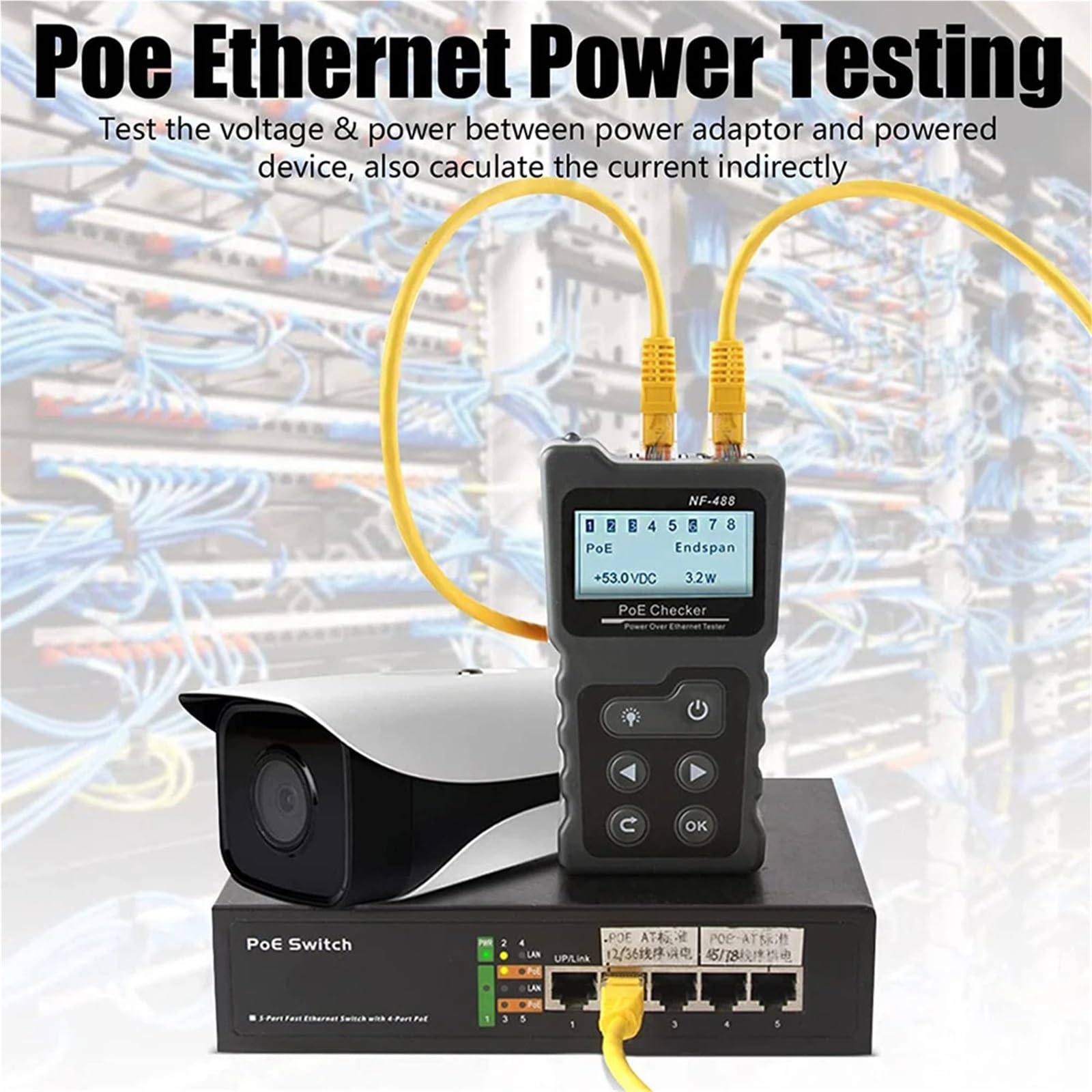 Comprobador de cables red, prueba conmutador PoE en línea, voltaje, polaridad, rastreador, herramienta bucle con pantalla LCD Pruebas de transmisión