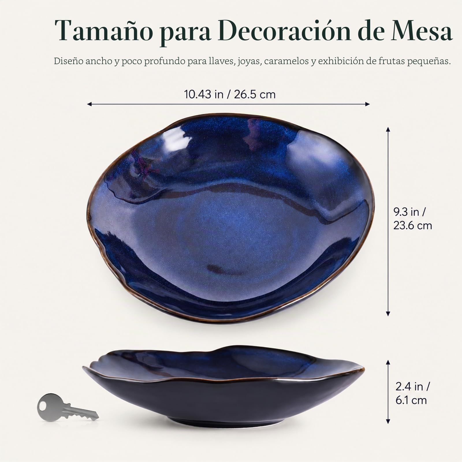 Cuenco decorativo de cerámica azul, plato pequeño de 10.4 pulgadas, frutero, plato de caramelos, cuenco para llaves para mesa de entrada, plato de joyería y anillo, plato de porcelana para cocina