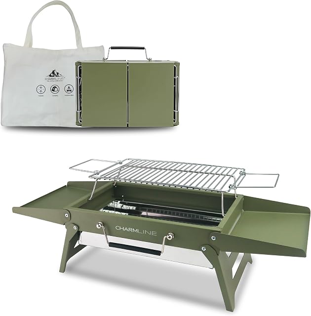 Charmline 35 x 22cm Small Foldable Portable Grill Charcoal, Compact Portable Grill, Desktop Charcoal Grill, BBQ Grill for Camping, Picnics, Gardens and Beach Parties, Green