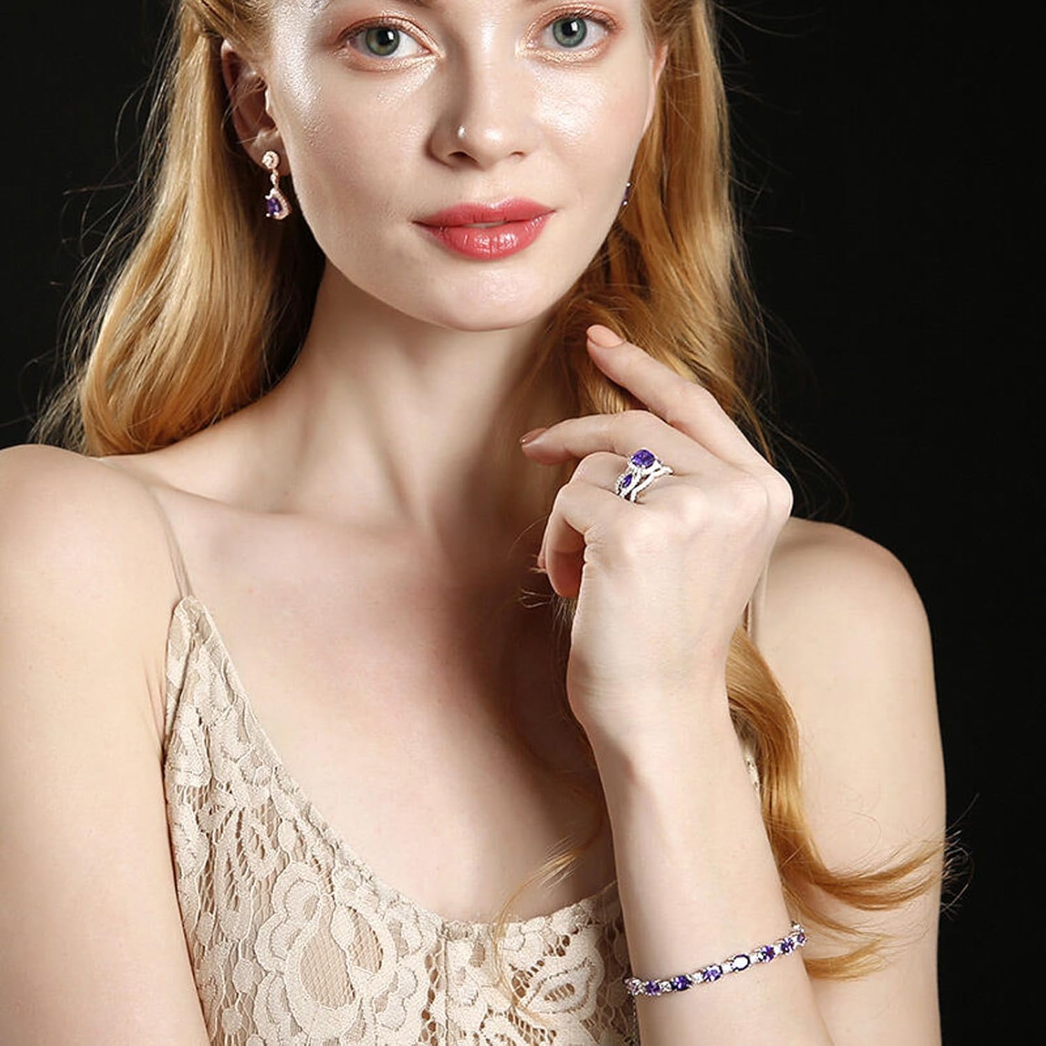 Jeulia Gemstone Tennis Bracelet Oval Cut Amethyst Bracelet in Sterling Silver Blue Sapphire Strand Bracelet with Adjustable link Chain Birthday Festival Valentine Gift