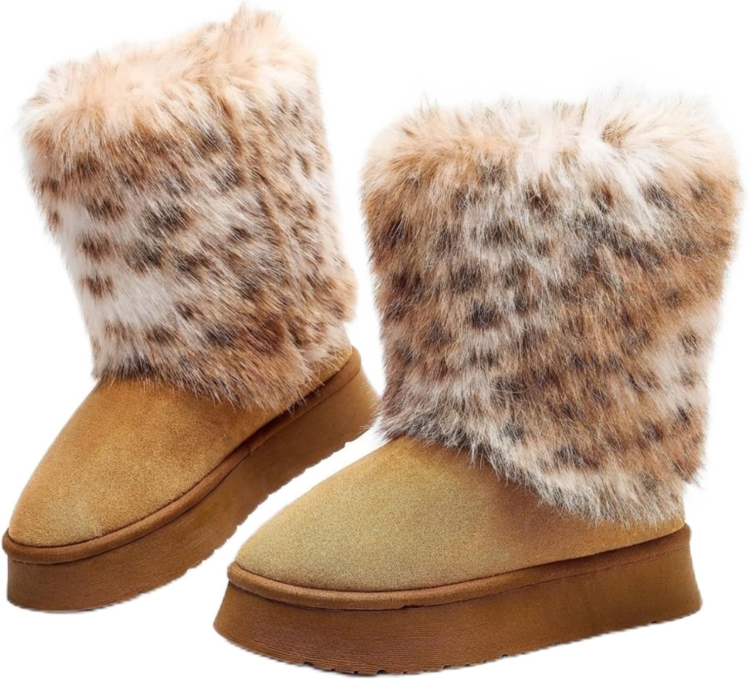 Women's Leopard Print Faux Fur Snow Boots, Plush Lined Suede-Like Winter Boots with Thick Platform Sole for Cold Weather Comfort