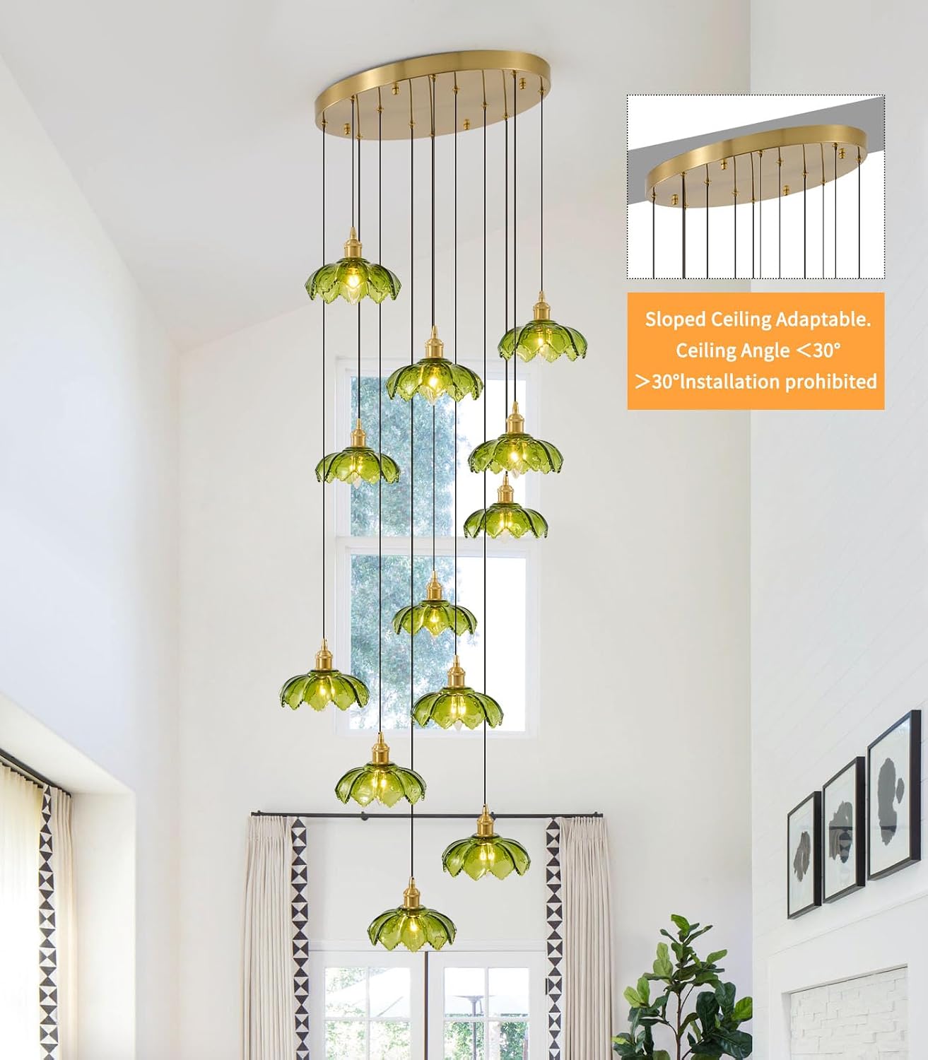 12-Light Green Glass Pendant Light, Emerald Green Flower-Shaped Glass Shade, E12 Socket, Modern Staircase Chandelier for Foyer, Entryway, Stairwell, Living Room, Satin Brass Finish