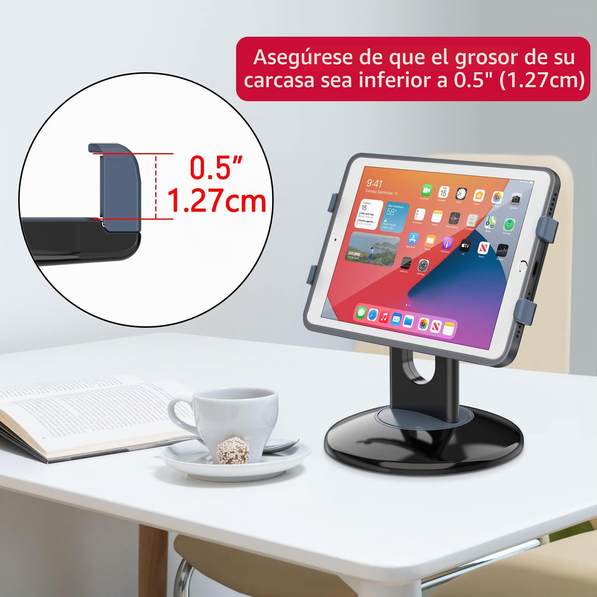 AboveTEK Soporte para iPad Kiosco Comercial con Base Giratoria 360°, Compatible con Tablets de 6” a 13” para Comercios, Oficinas y Puntos de Venta, Soporte POS para Tablet y Oficina (Negro)