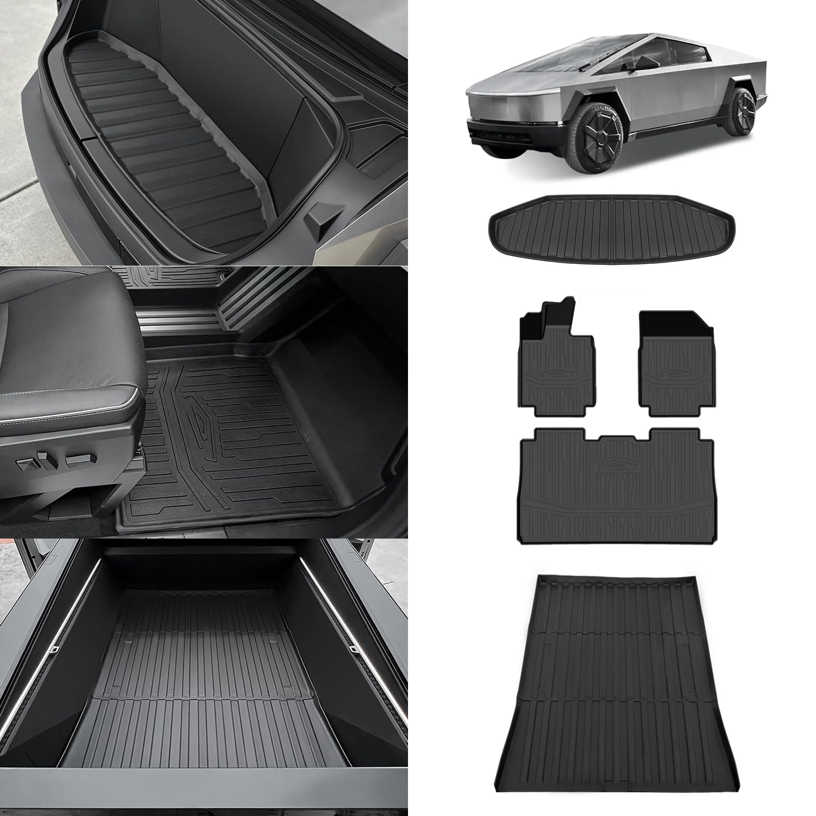 BestEvMod All Weather Floor Mat & Trunk Bed Mat & Frunk Mat Compatible with Tesla Cybertruck 2023 2024 Accessories Pickup Heavyweight TPE Cargo Mats Set of 5 (Trunk Bed Mat+Floor Mat+Frunk Mat)