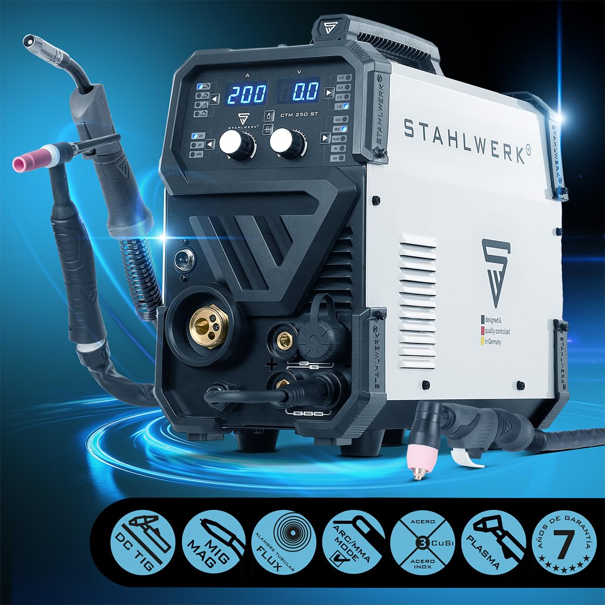 STAHLWERK Soldador de gas protector 3 en 1 Combi AC/DC TIG 200 Puls Cut ST – Máquina de soldar TIG & MMA hasta 200 A, corte por plasma hasta 45 A y hasta 12 mm de grosor de corte, encendido RF, acero