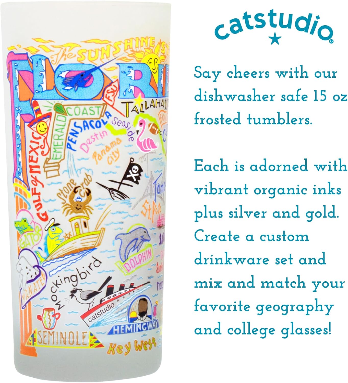 Catstudio Drinking Glasses, Florida Frosted Glass Cup for Kitchen, 15oz Dishwasher Safe Tumbler for Florida Lovers, Set of 2