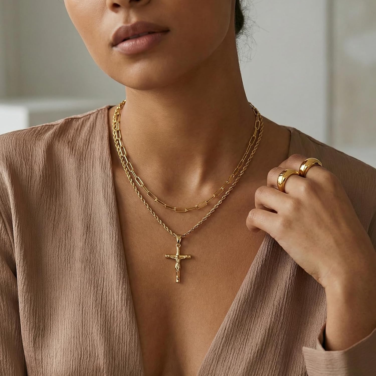 Layered Cross Necklace for Men & Women Jesus Crucifix Pendant, Stackable Religious Jewelry Christian Gift for Him Her, 22" Cuban Chain Jesus Cross Necklaces