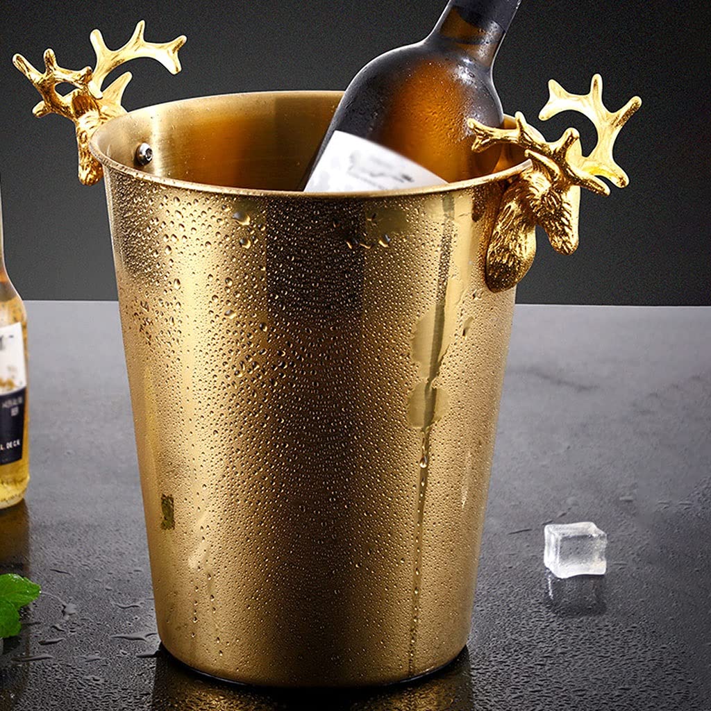 Cubiteras Enfriador de cubo de hielo de acero inoxidable, cubo de hielo de cerveza, cubo de hielo, cubo de champán, mango de cabeza de ciervo, plata, oro, pequeño, grande, 3000mL, 5000mL Cubo de hielo