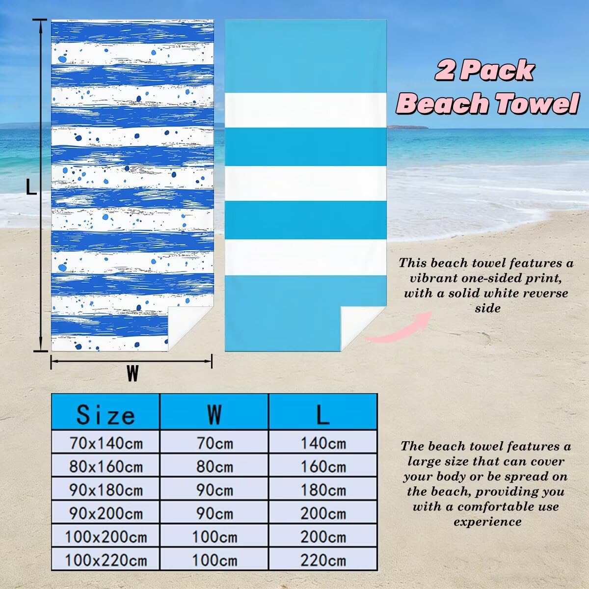 Serviette de Plage Microfibre, Lot de 2 Serviette de Bain Grande Taille 100x220 cm, Séchage Rapide Drap de Bain Rayé, Anti Sable Serviettes de Plage, Serviettes Microfibre Sport pour Travel -5148