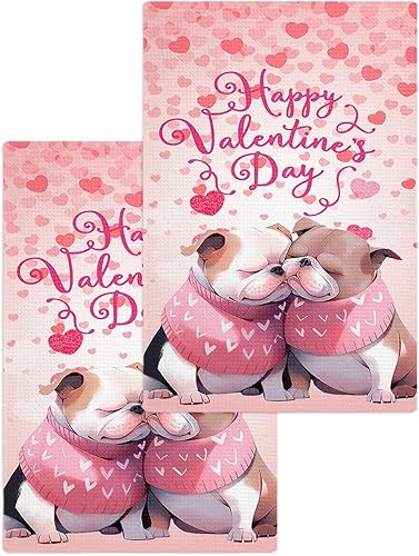 Kitchen Towel 2 Packs Cotton Waffle Weave, Happy Valentine's Day Pink Love Heart Cute Dogs 16 x 24 Inch Absorbent Quick Drying Dish Towels Clothes