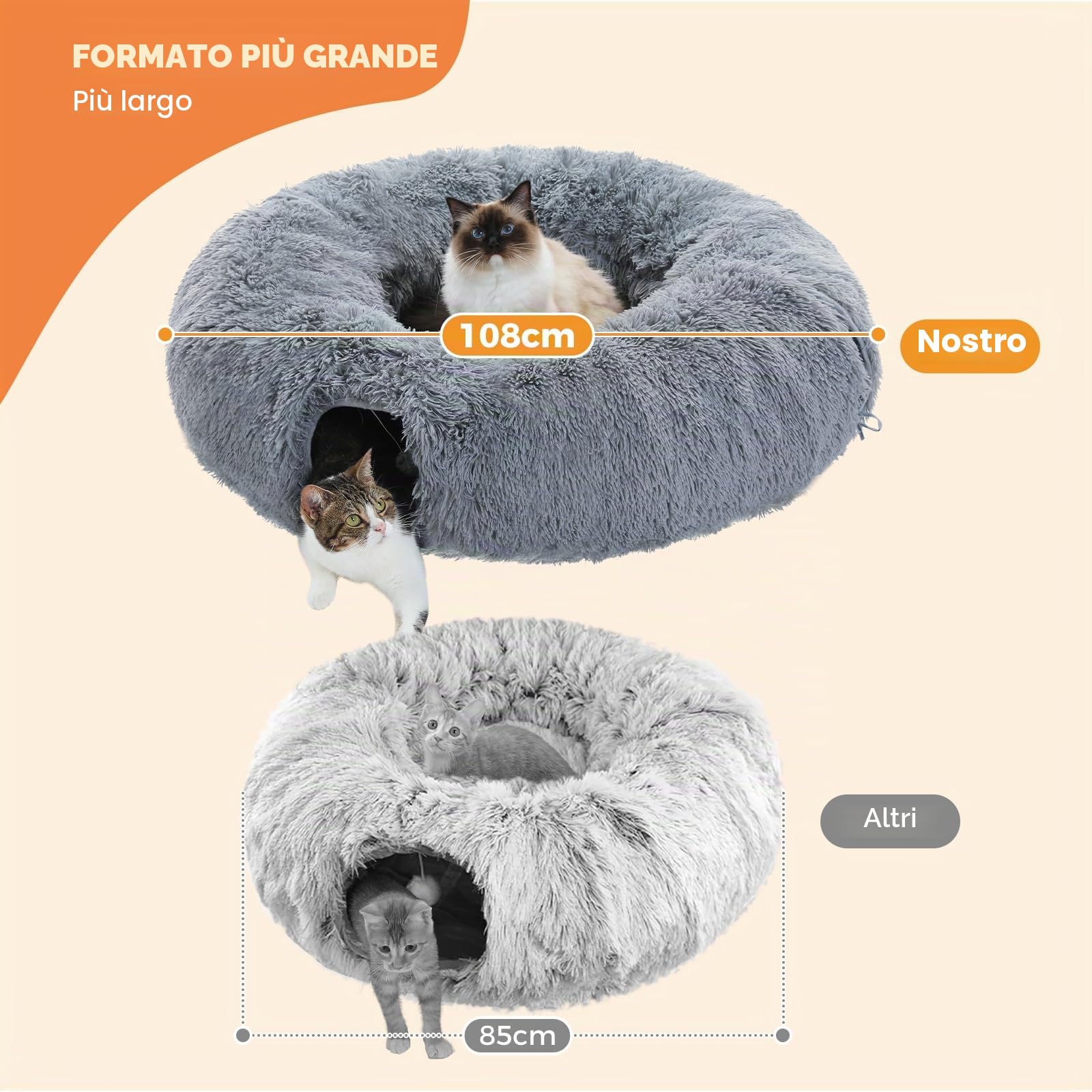 PAWZ Road Tunnel per Gatti in Peluche 2 in 1 - Ciambella, Cerchio, Cuccia per Interni - Grigio