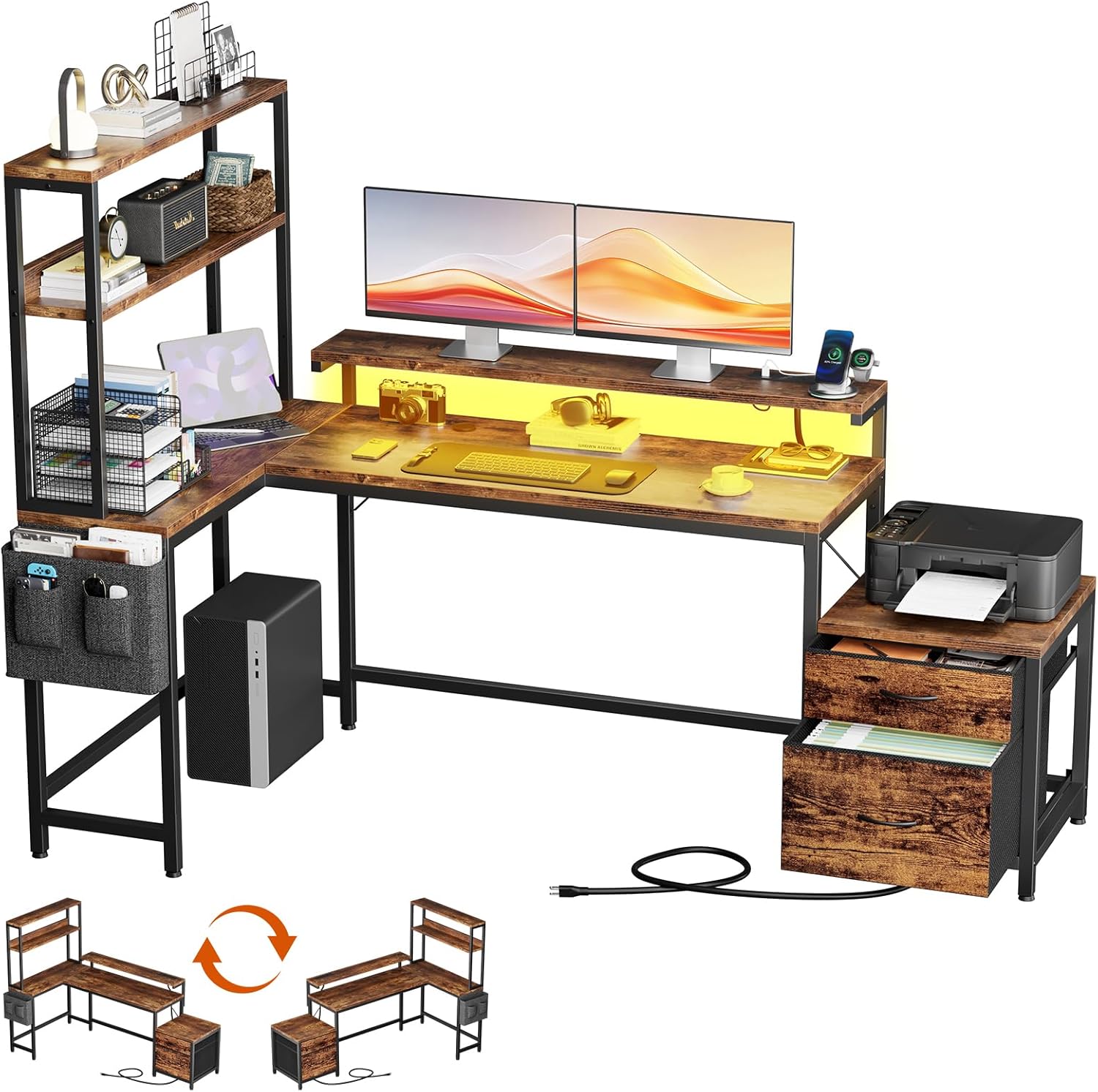 REAHOME 70 Inch L Shaped Desk with File Drawers and Reversible Storage Shelves, Computer Desk with Power Outlet & LED Strip, Home Office Desks, Writing Study Desk for Bedroom, Rustic Brown