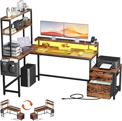 REAHOME Escritorio en forma de L de 70 pulgadas con cajones de archivos y estantes de almacenamiento reversibles, escritorio de computadora con toma