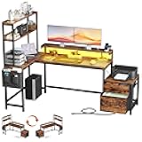 REAHOME 70 Inch L Shaped Desk with File Drawers and Reversible Storage Shelves, Computer Desk with Power Outlet & LED Strip, Home Office Desks, Writing Study Desk for Bedroom, Rustic Brown