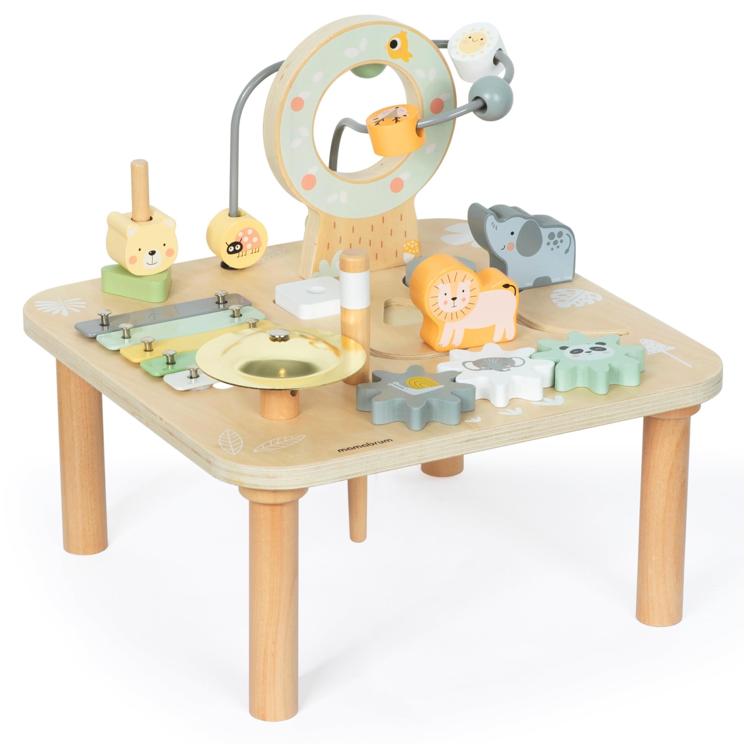 Mamabrum Tavolino Educativo in Legno per Bambini - Giocattolo Musicale 7 in 1 con Pipistrelli e Gong, Percorso Motorio, Puzzle Sensoriale a Tema Giungla