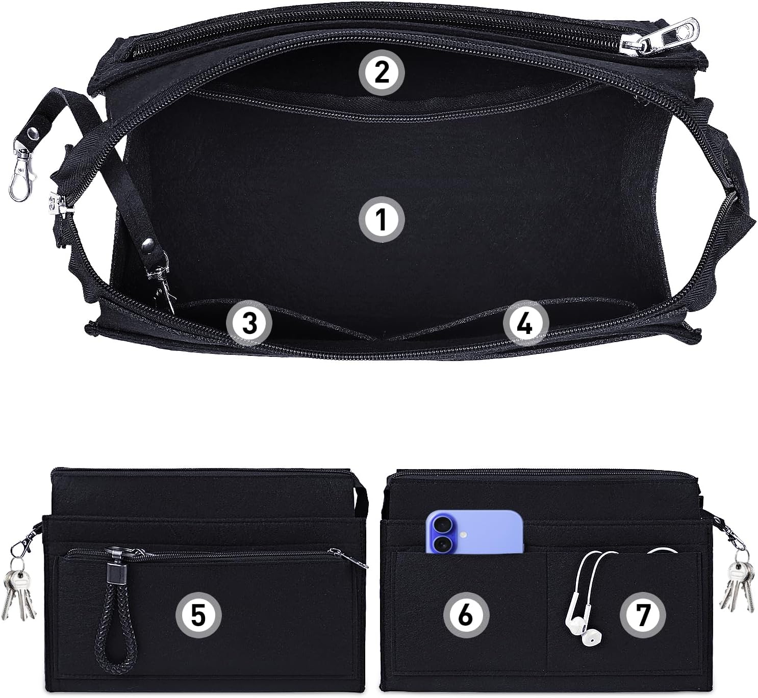 Bag Inserts Organizer for Handbags,Purse Organizer Zipper Bag Insert with Keychain,Black-S image 2