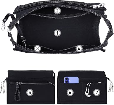 Bag Inserts Organizer for Handbags,Purse Organizer Zipper Bag Insert with Keychain,Black-M