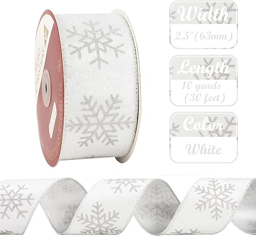 Miniatura 2 de AIMUDI Cinta blanca de terciopelo de Navidad con alambre de 2.5 pulgadas, cinta con alambre de copo de nieve con purpurina plateada para coronas,
