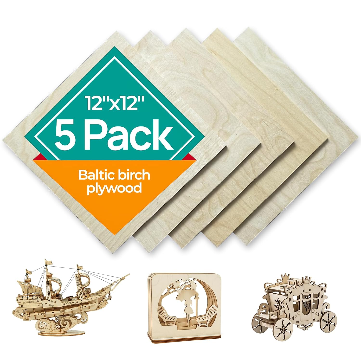 Baltic Birch Plywood 12×12×1/5" (5 mm) Set of 5 B/BB Grade Sheets — One Finished Side, Smooth Surface for Laser Cutting, Engraving, Wood Burning & Painting