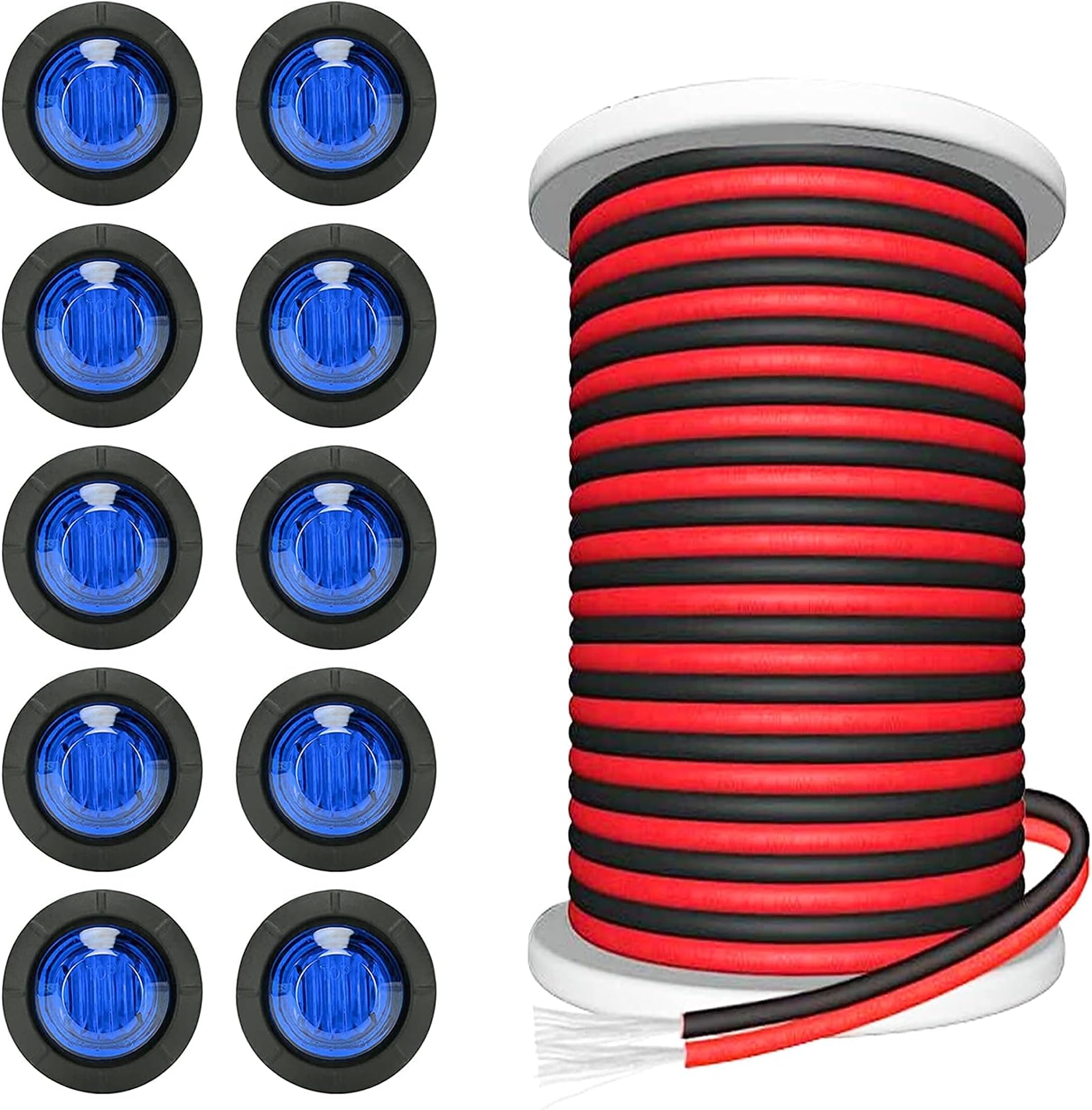 PSEQT 3/4'' Round LED Boat Interior Deck Transom Courtesy Lights Blue for Pontoon Sailboat (10Pcs) + 100FT/30M 22AWG 2pin Extension Cable Wires Cord (1Pcs)