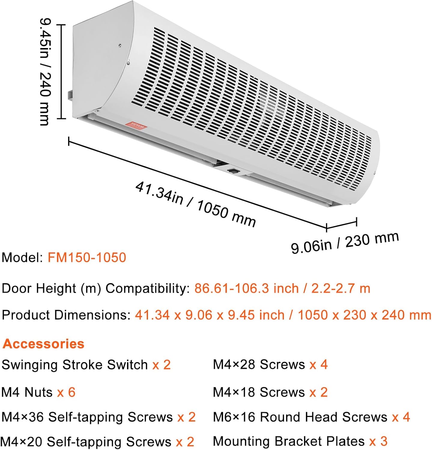 VEVOR 42" Commercial Indoor Air Curtain Super Power 2 Speeds 1350CFM, Wall Mounted Air Curtains for Doors, Indoor Over Door Fan with Heavy Duty Limit Switch, Easy-Install 110V Unheated