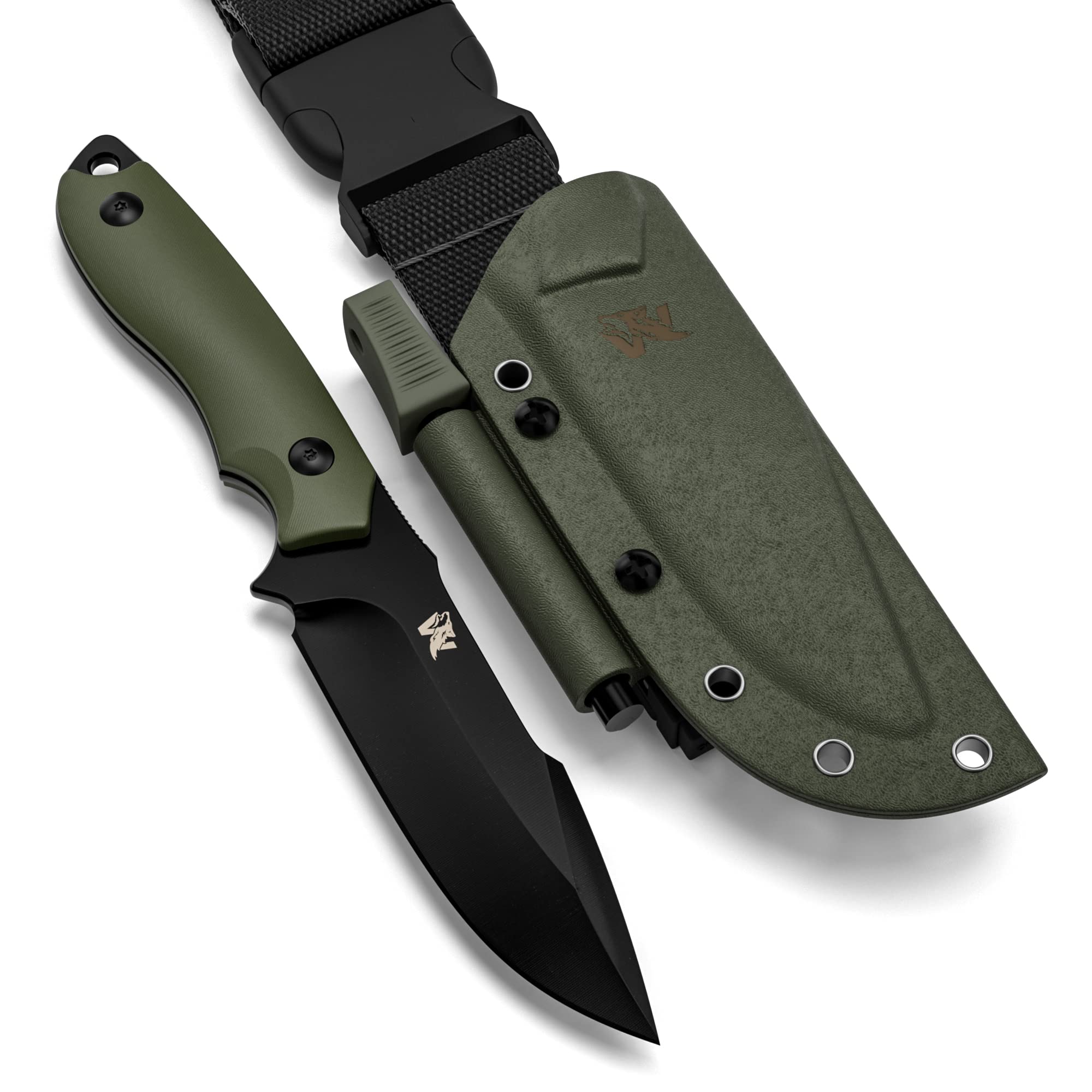 AMBULO Fixed Blade Survival Knife with Kydex Sheath and Fire Starter - Bushcraft and Hunting Knife with Full Tang D2 Steel Blade and G10 Handle