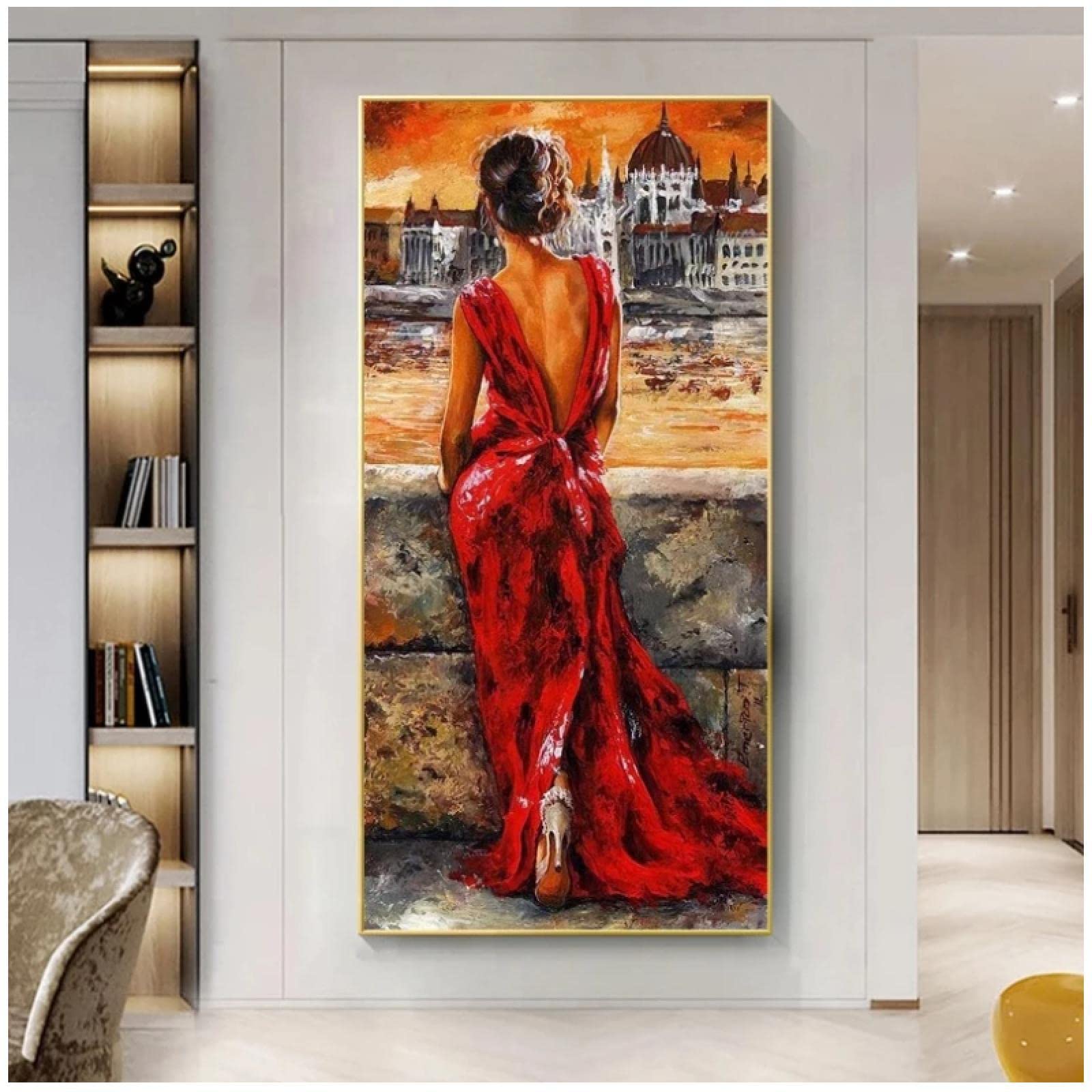Amazon｜ロマンチックな赤いドレスの女性のポスターキャンバス絵画北欧